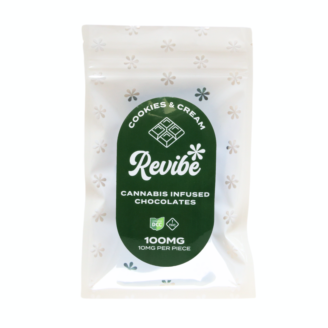 Photograph of product: Revibe - Cookies & Cream Chocolate Squares 10pk - 100mg