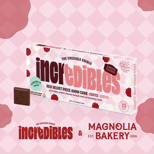 Photograph of product: Magnolia Bakery 1:1 Red Velvet Piece Ahhh Cake Bar + CBD | Chocolate | 10 pack | 100mg TH-oui / 100mg CBD