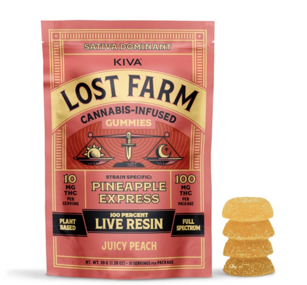 Photograph of product: LOST FARM JUICY PEACH LIVE RESIN 10PK GUMMIES 100MG