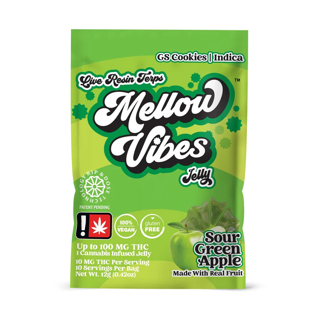 Photograph of Product: Mellow Vibez: Green Apple Gummies - 10 Pieces/100mg (Hybrid)
