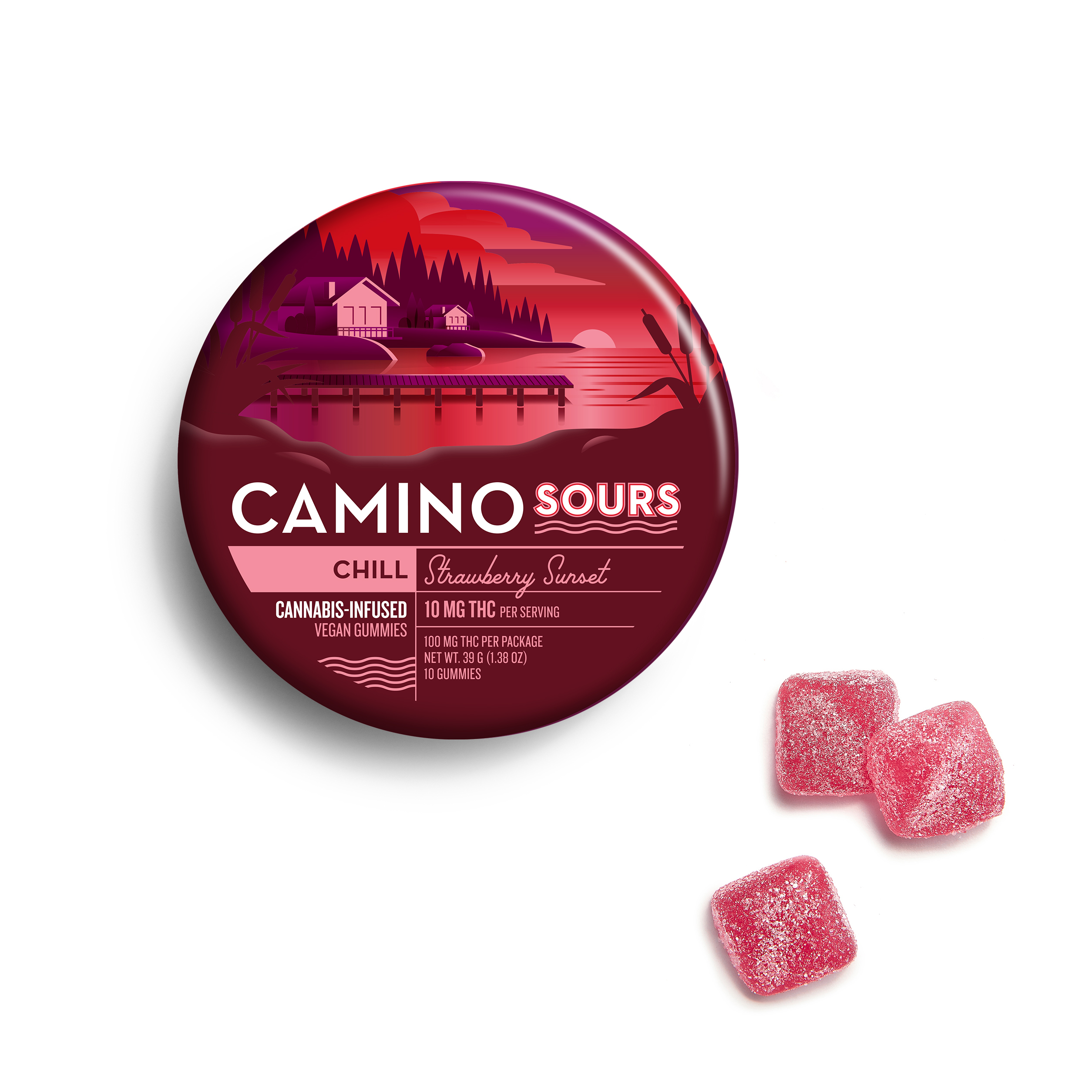 Photograph of product: Camino Sours Strawberry Sunset Gummies 100mg (10-Pack | 10mg Each)
