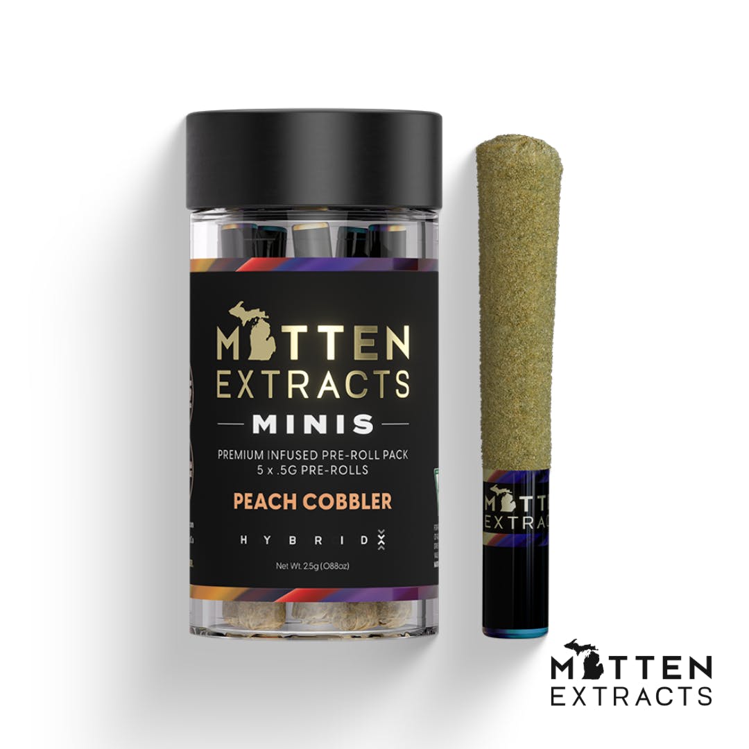 Photograph of product: Mitten Extracts - Infused Pre-roll 0.5g - 5pk - Peach Cobbler - Hybrid