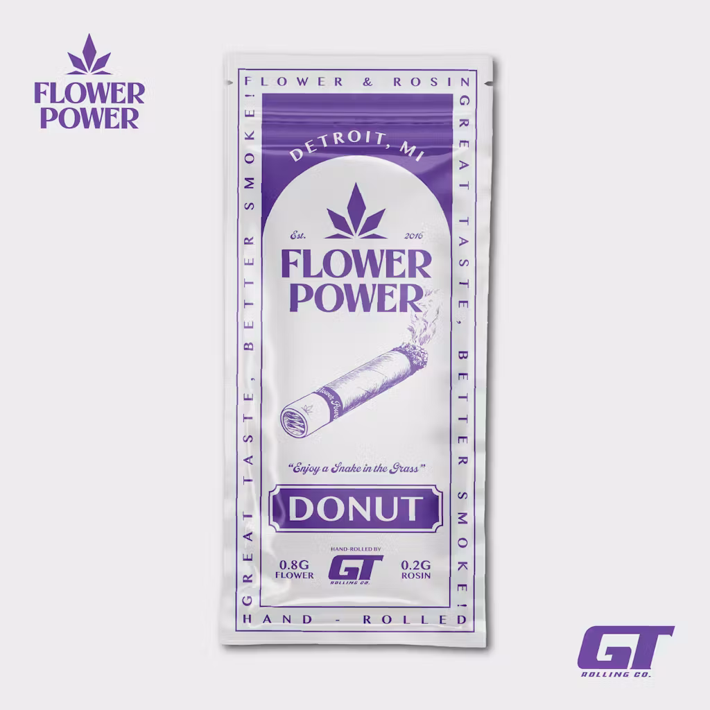 Photograph of product: Flower Power - 1g Rosin Infused Donut - Jelly Donut 2.0 x Grape Gas