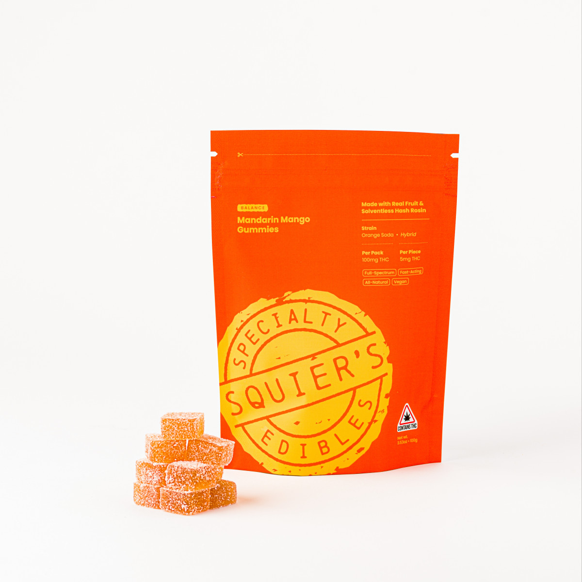 Photograph of product: Squier's - Mandarin Mango Rosin Gummies 100MG