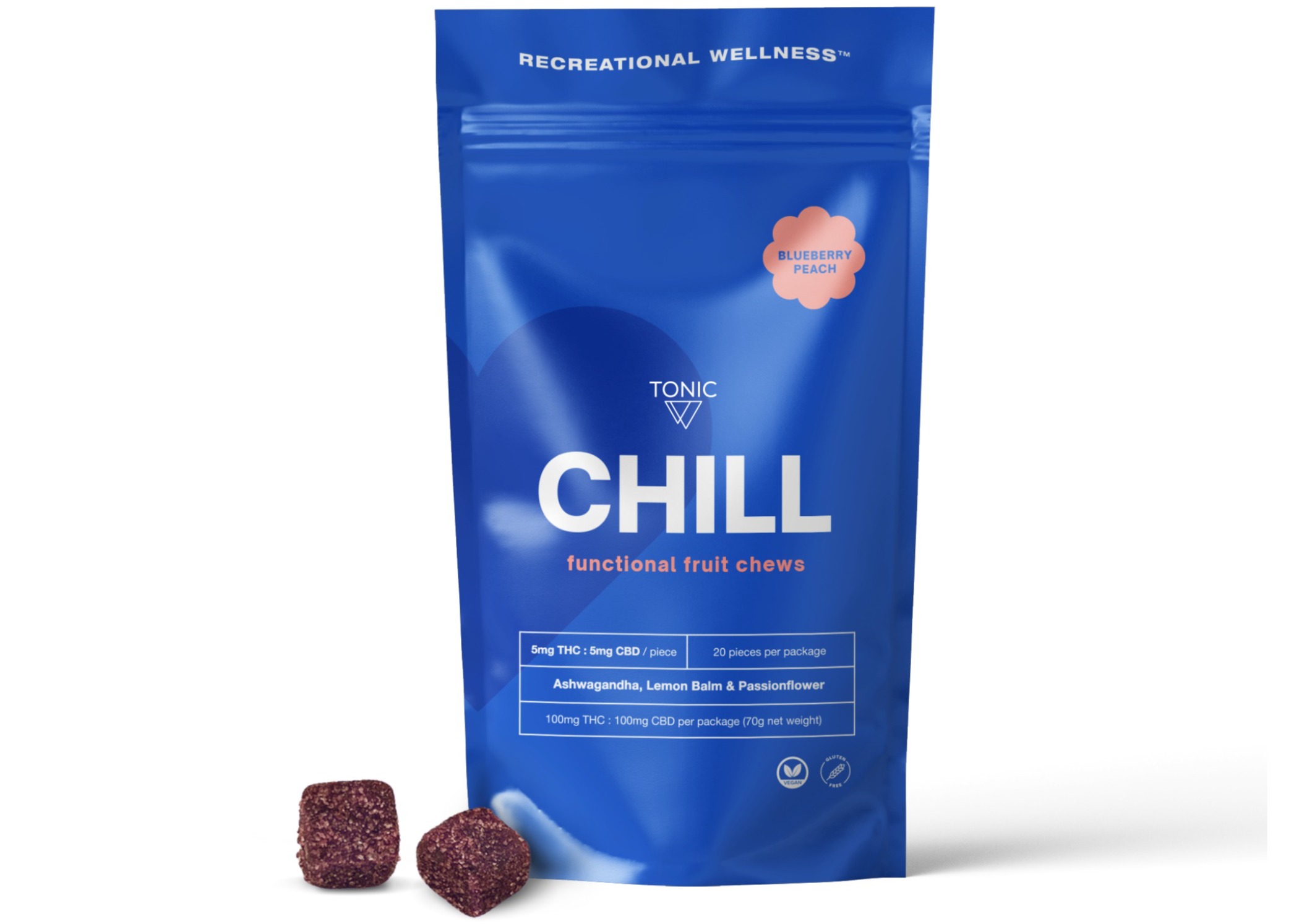 Photograph of product: Tonic | CHILL | Blueberry Peach | 1:1 TH-oui / CBD Gummies | 20pk