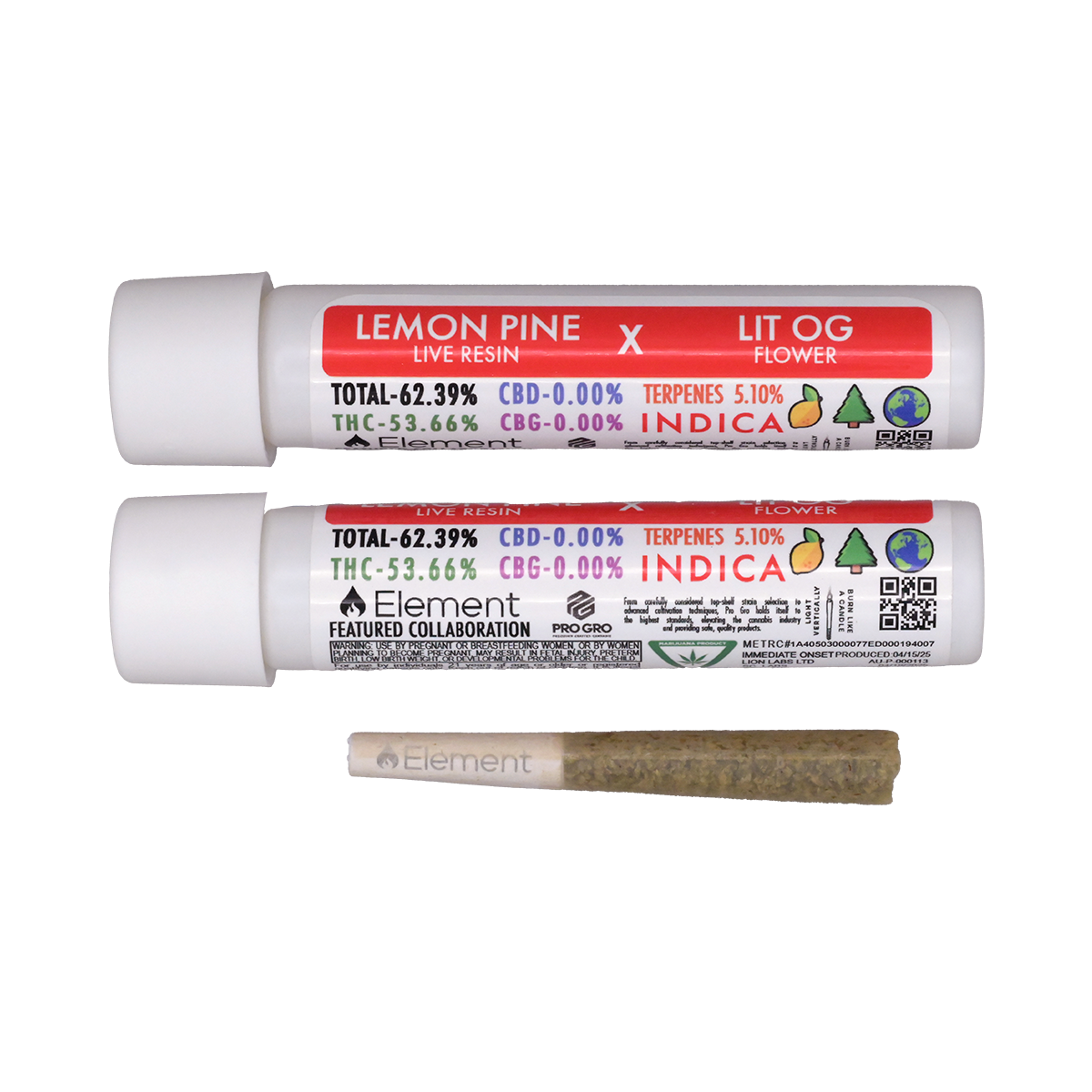 Photograph of product: Lit OG x Lemon Pine Live Resin Infused Pre-Roll | Element feat. Pro Gro (3/$40)