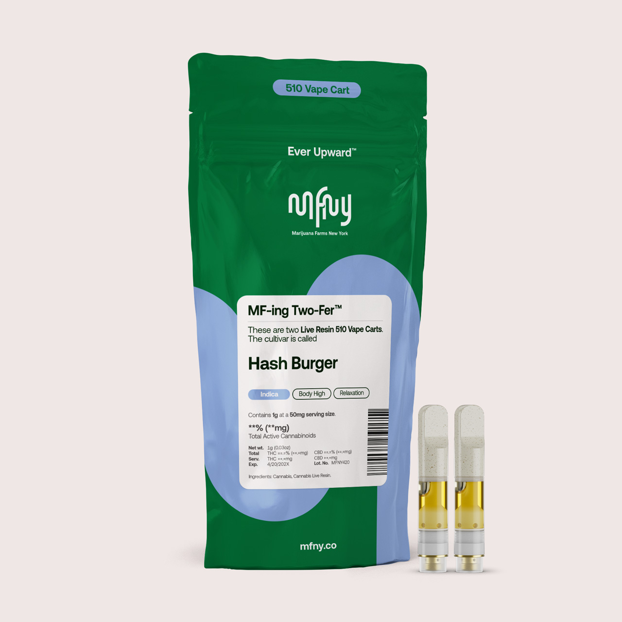 Photograph of product: MFNY MF-ing Two-Fer | Cartridge | 2pk | Oui'd | au chocolat Burger | Body High | Relaxation | Live Resin
