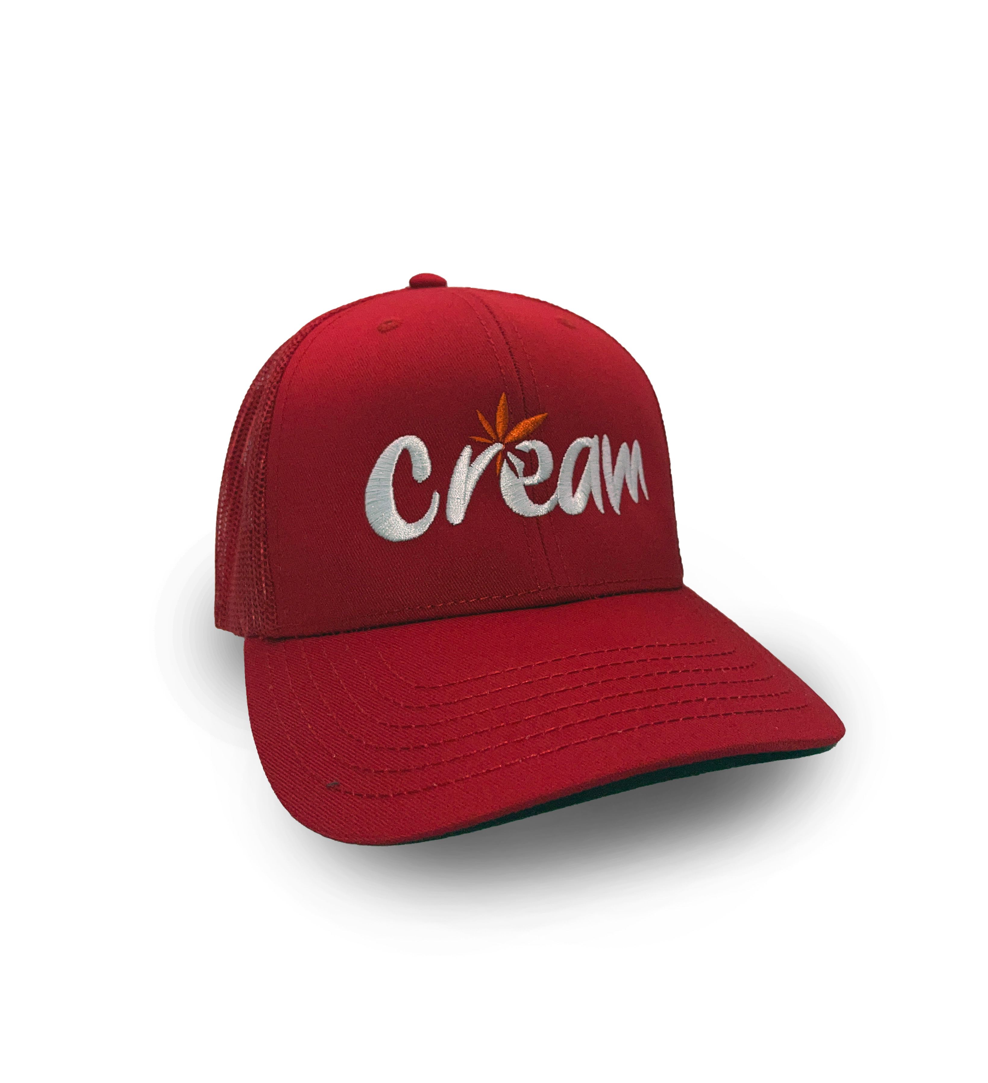 Photograph of product: Red Trucker Hat with Cream Logo