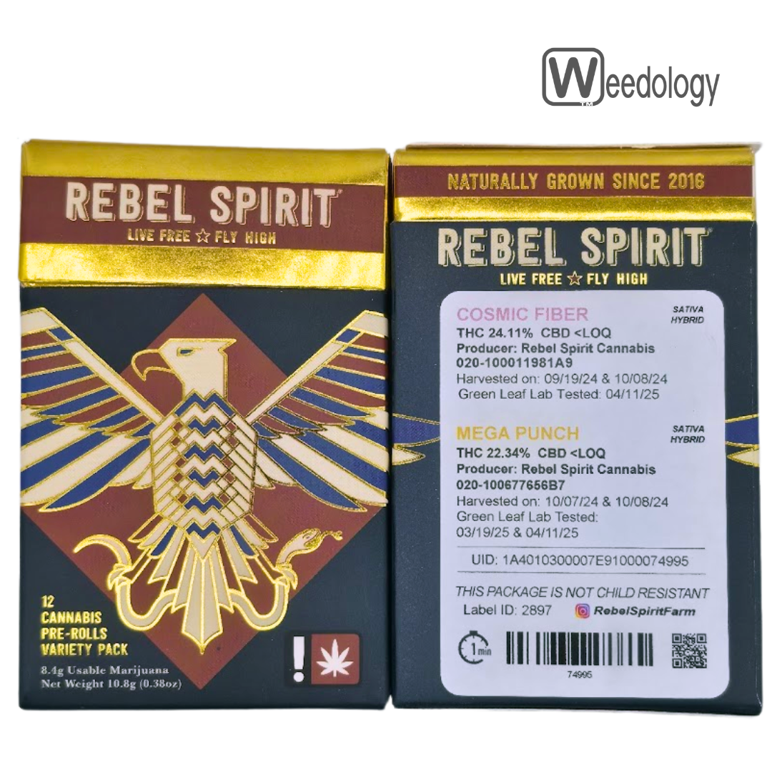 Photograph of product: Rebel Spirit 12pk COSMIC FIBER(S-H)/MEGA PUNCH(S-H) 0.7g Pre-Rolls