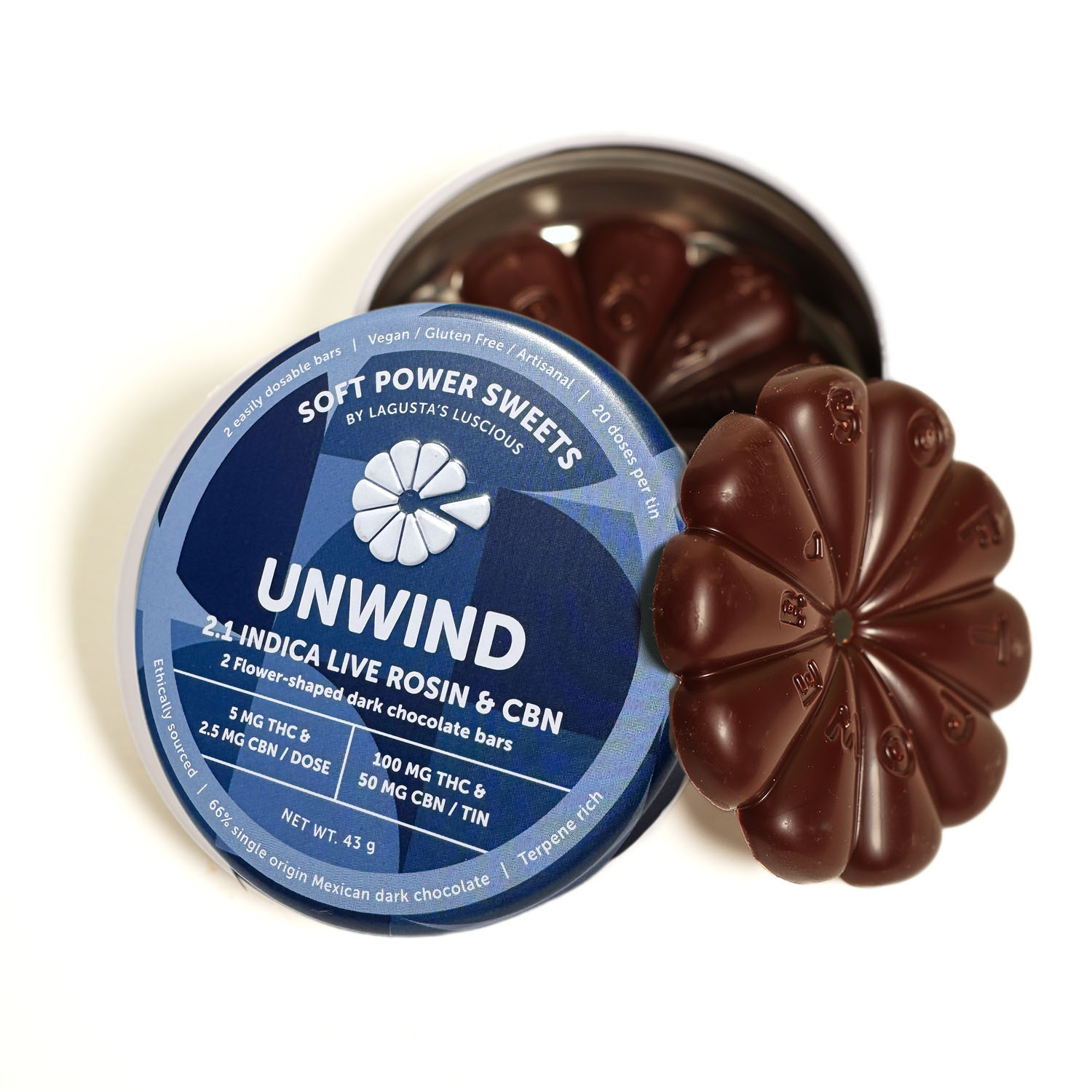 Photograph of Product: Soft Power Sweets | Unwind | Dark Chocolate "Flowers" | Live Rosin | 2:1 | THC:CBN | 100mg