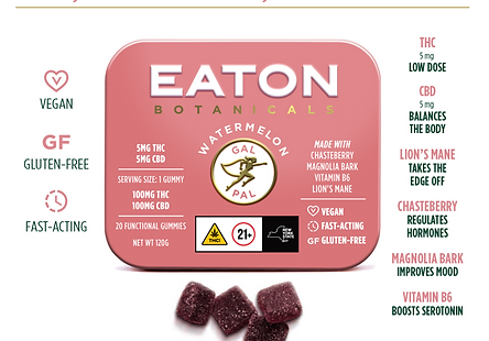 Photograph of product: Eaton Botanicals "Gal Pal" Watermelon 5mg TH-oui, 5mg CBD, 35mg LION'S MANE each