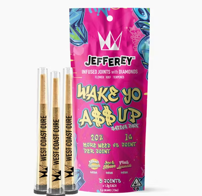 Photograph of product: West Coast Cure Jefferey Wake Yo A$$ Up Sativa Infused Preroll 3pk 3.6g