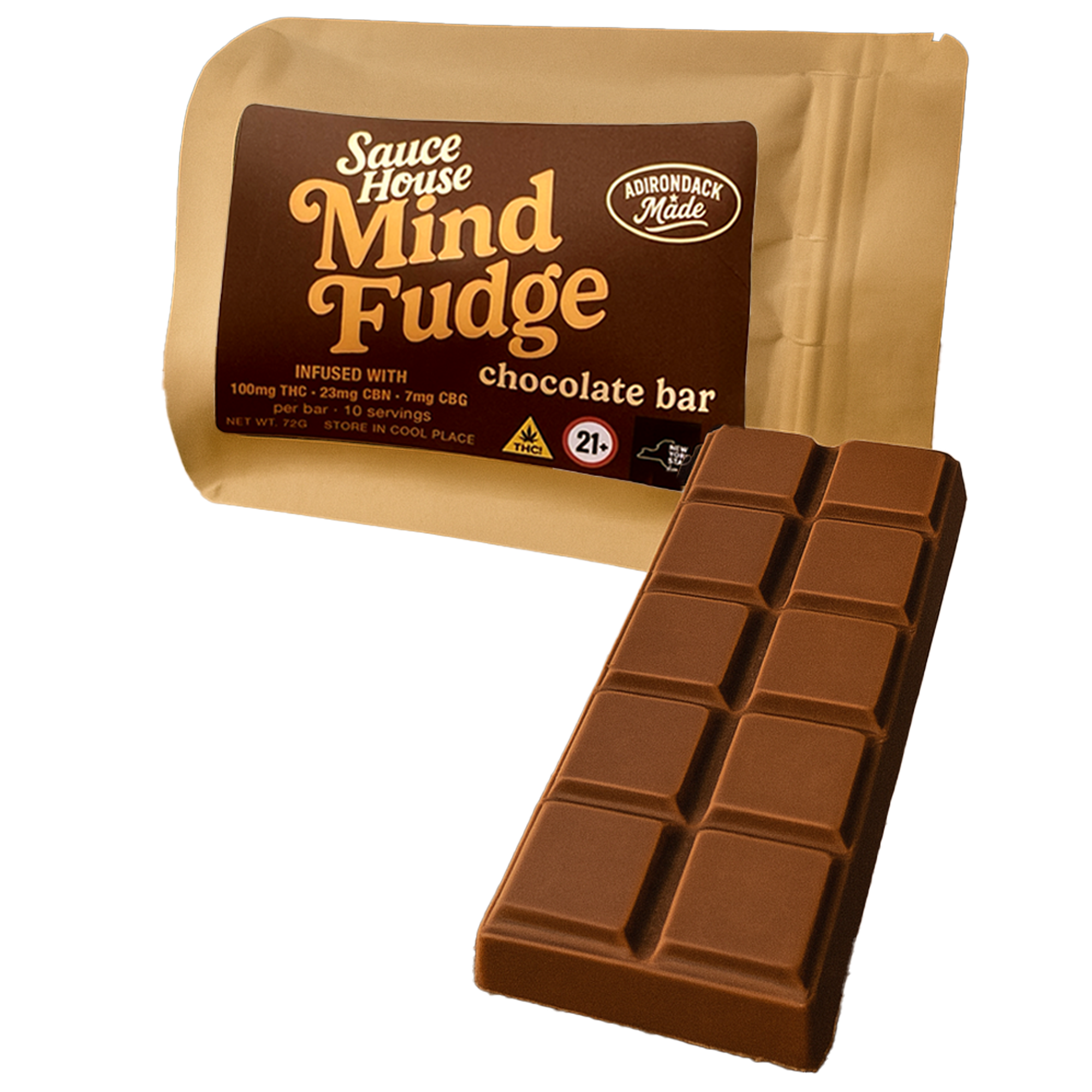 Photograph of product: Sauce House Mind Fudge Milk Chocolate Bar 100mg TH-oui 23mg CBN 7mg CBG