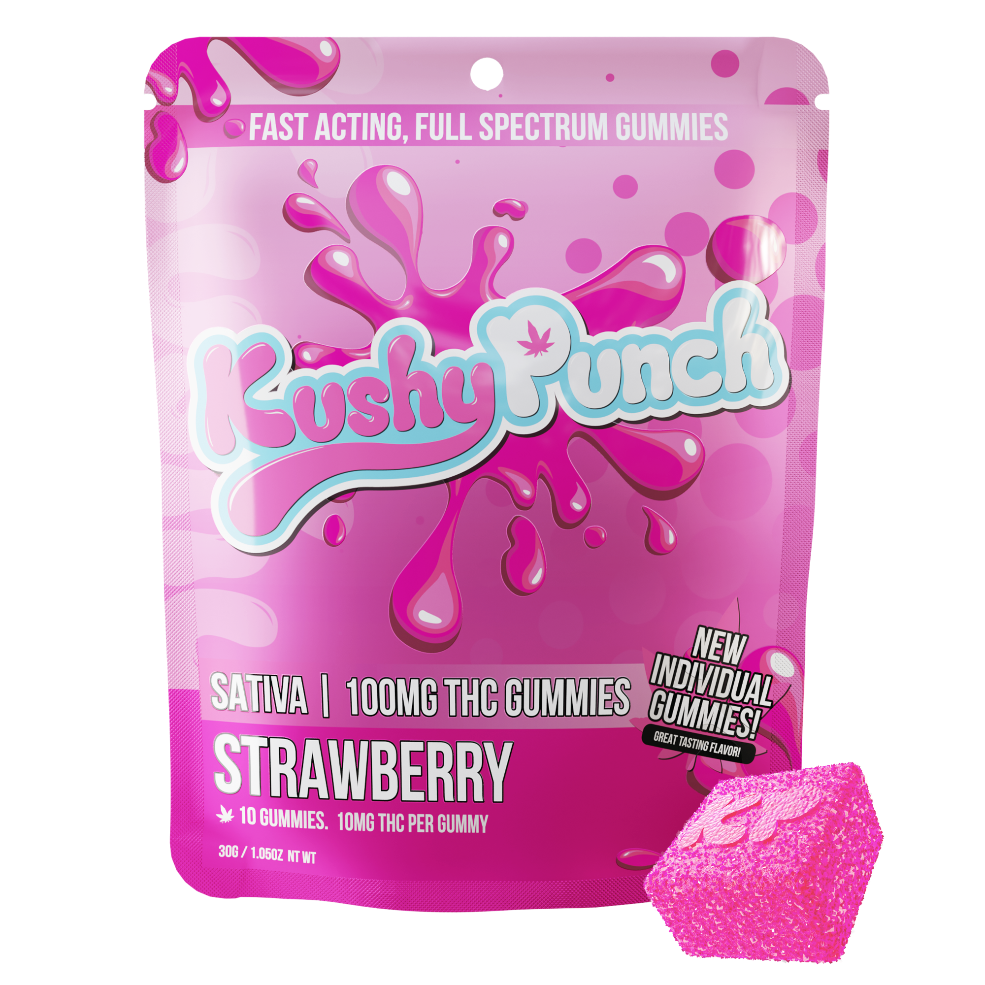 Photograph of product: Kushy Punch Strawberry Gummies Fast Acting/Full Spectrum Gummies Oui'd 100 MG