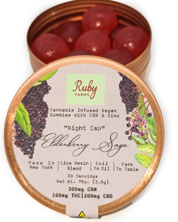 Photograph of product: Live Resin Blend Gummies | 20 Count | ''Night Cap'' Elderberry Sage | 100mg TH-oui | 200mg CBD | 300mg CBN