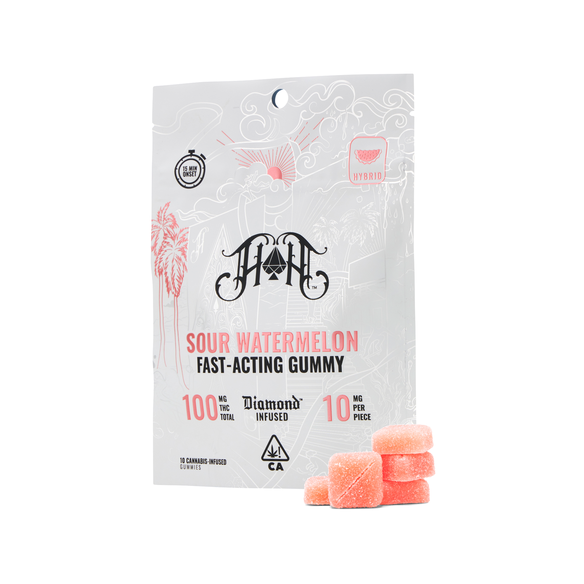 Photograph of product: Heavy Hitters | Fast-Acting Gummies | Sour Watermelon - Hybrid | 100mg