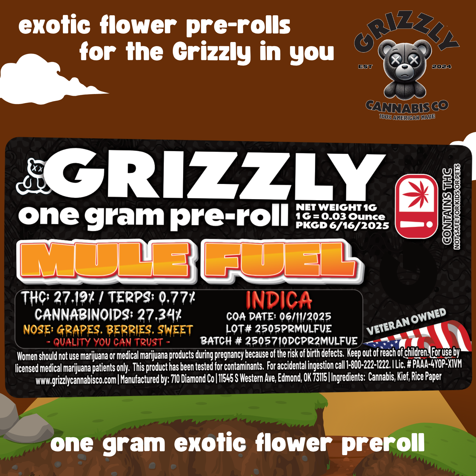 Photograph of Product: Grizzly- Pre-Roll-Mule Fuel - 1g