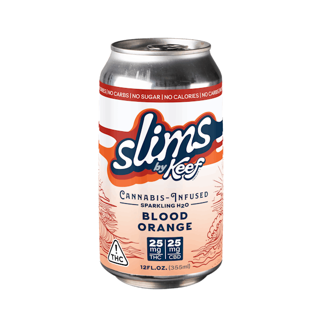 Photograph of product: Keef Slims: Blood Orange Sparkling H2O 25mg THC: 25mg CBD - 12oz - 