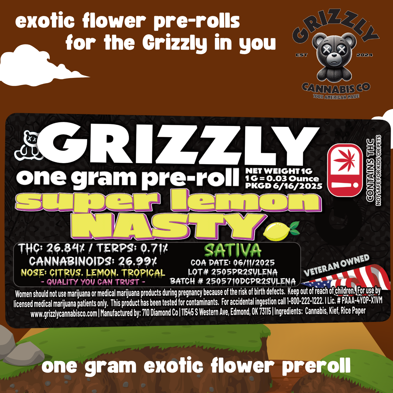 Photograph of Product: Grizzly- Pre-Roll-Super Lemon Nasty - 1g
