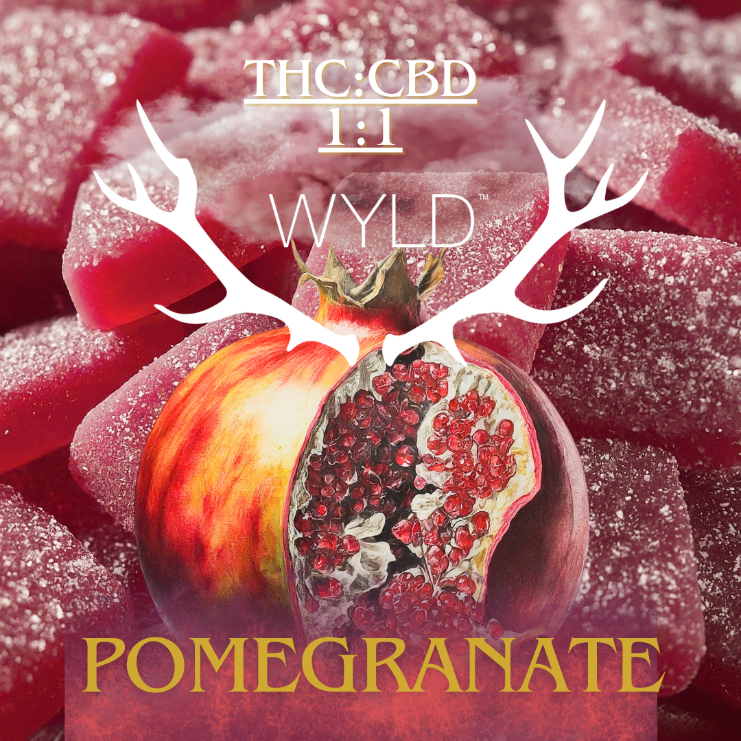 Photograph of product: WYLD - Pomegranate 100mg 1:1 TH-oui:CBD Gummies