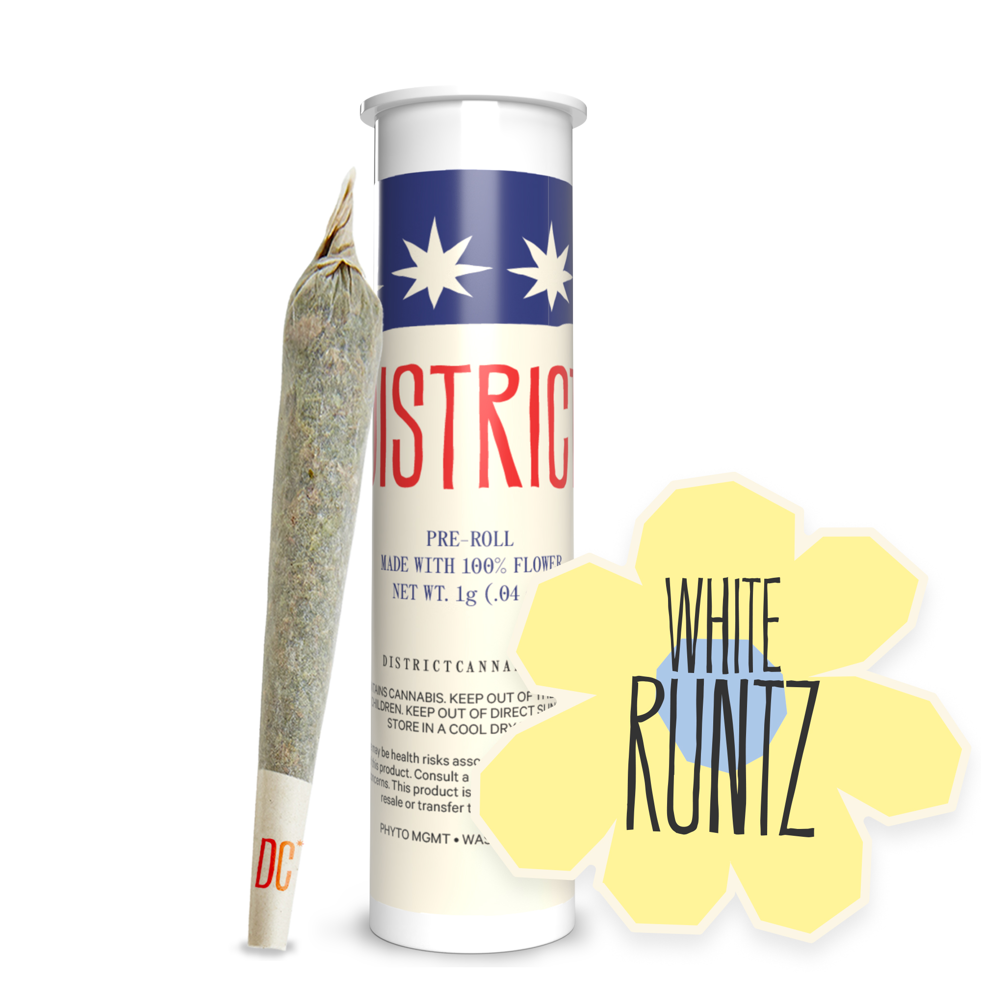 Photograph of product: District: White Runtz Pre-Roll | 0.75g