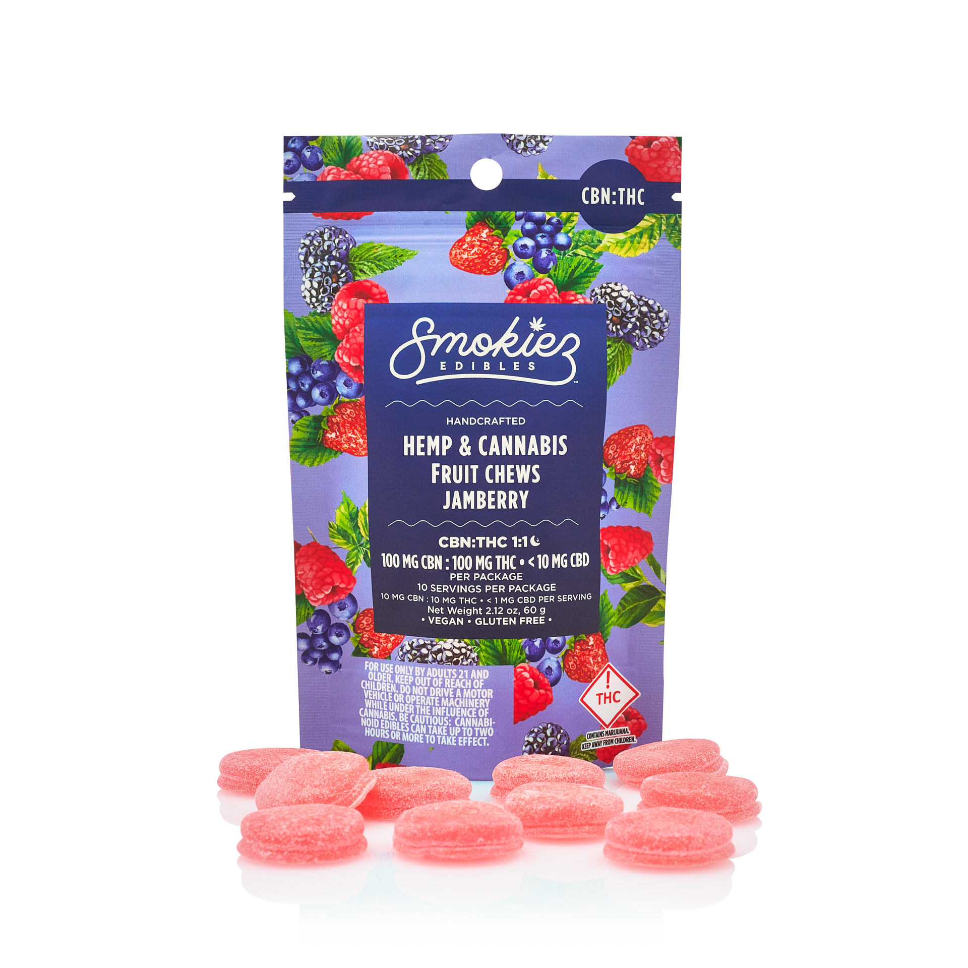 Photograph of product: Smokiez - Sweet Jamberry 100mg-100mg TH-oui:CBN Fruit Chews