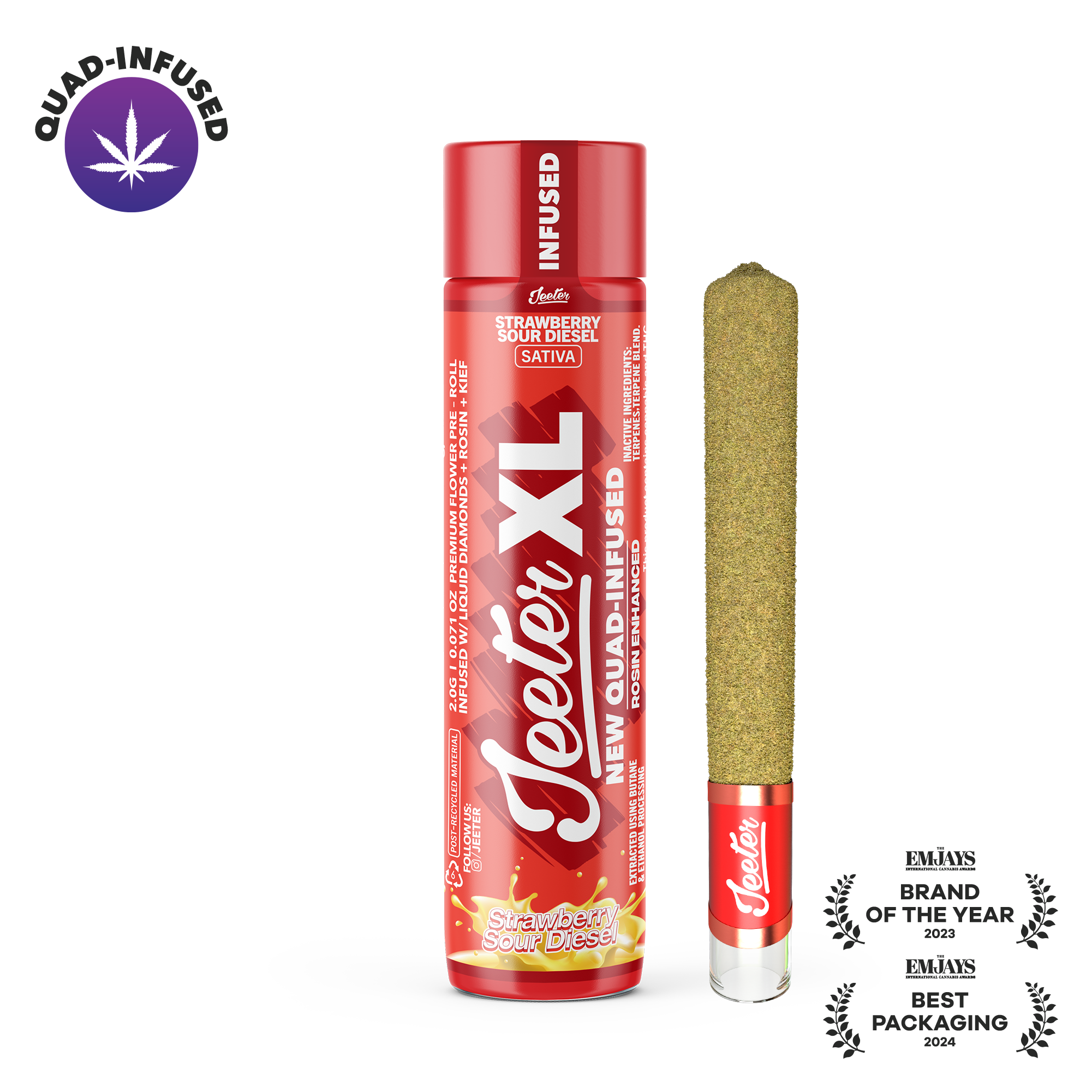 Photograph of product: Strawberry Sour Diesel Quad-Infused XL Jeeter Joint | 2g