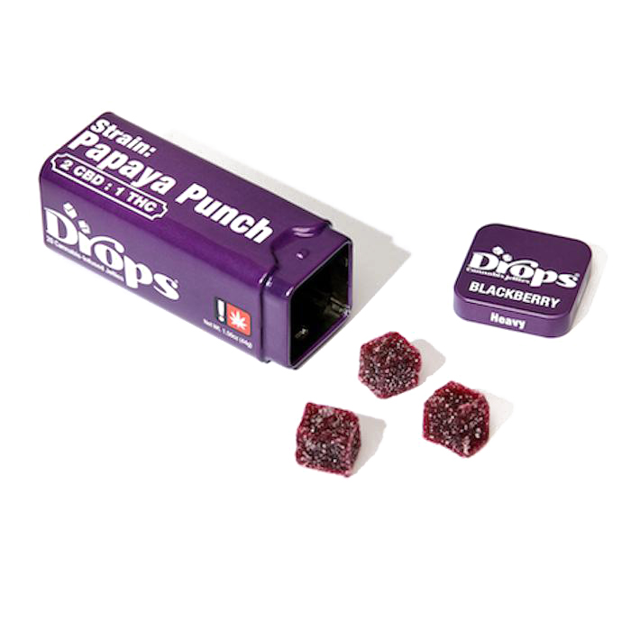 Photograph of product: Drops 100mg 2:1 CBD:TH-oui BLACKBERRY Soothing Relaxation 20pk Live Rosin Jellies