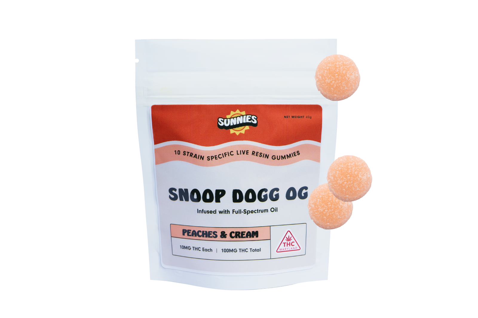 Photograph of product: Sunnies Live Resin Gummies: Snoop Dogg OG I Peaches & Cream