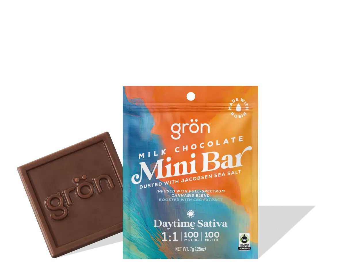 Photograph of product: Grn | Dark Chocolate Mini Bar | Daytime Oui'd | 100mg | TH-oui:CBG