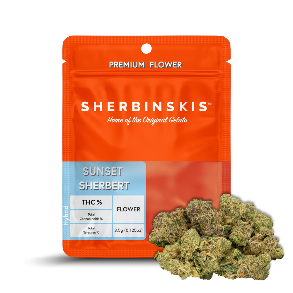 Photograph of product: Sherbinskis | Sunset Sherbert Prepackaged Flower | 3.5g