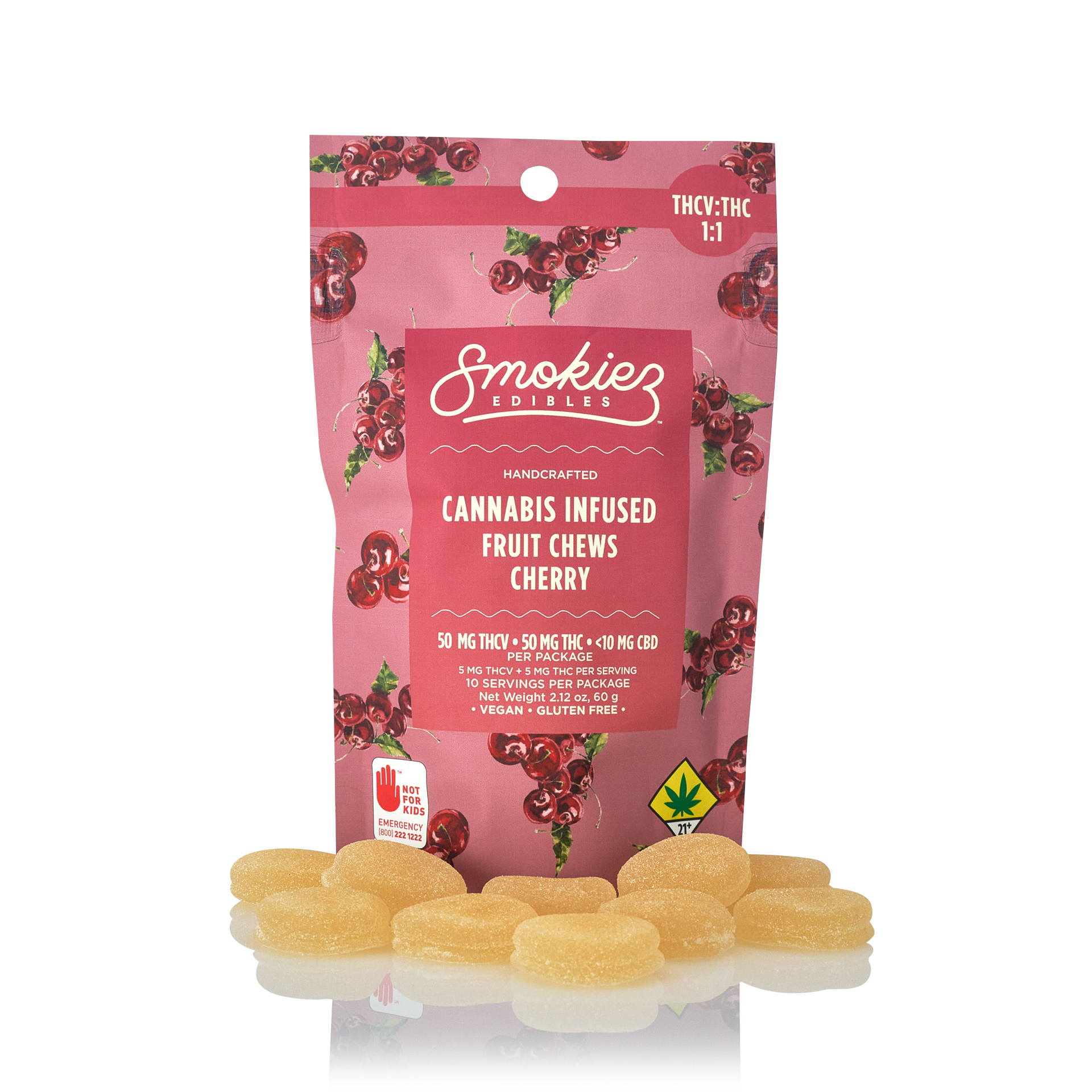Photograph of Product: THC:THCV 1:1 50mg Cherry Fruit Chews