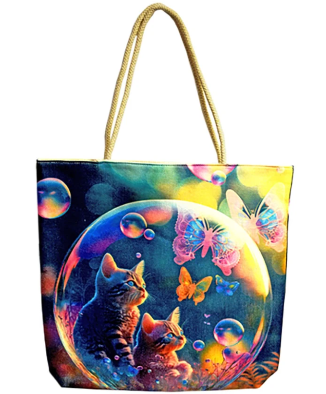 Photograph of product: Bubble Kittens Jute Rope-Handled Tote Bag | 17"x15"