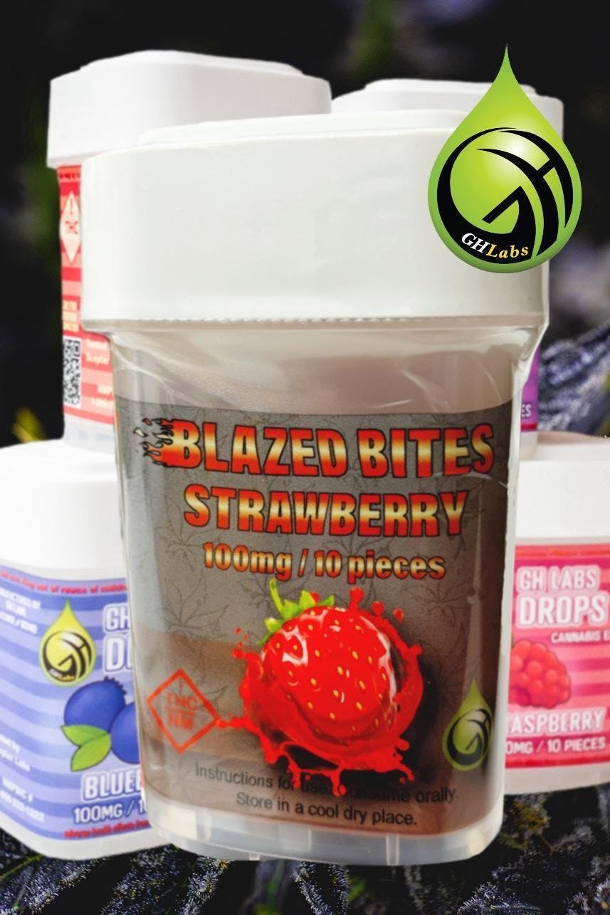 Photograph of product: GH Labs - Blazed Bites - Strawberry Gummies - 100 mg / 10 count bag