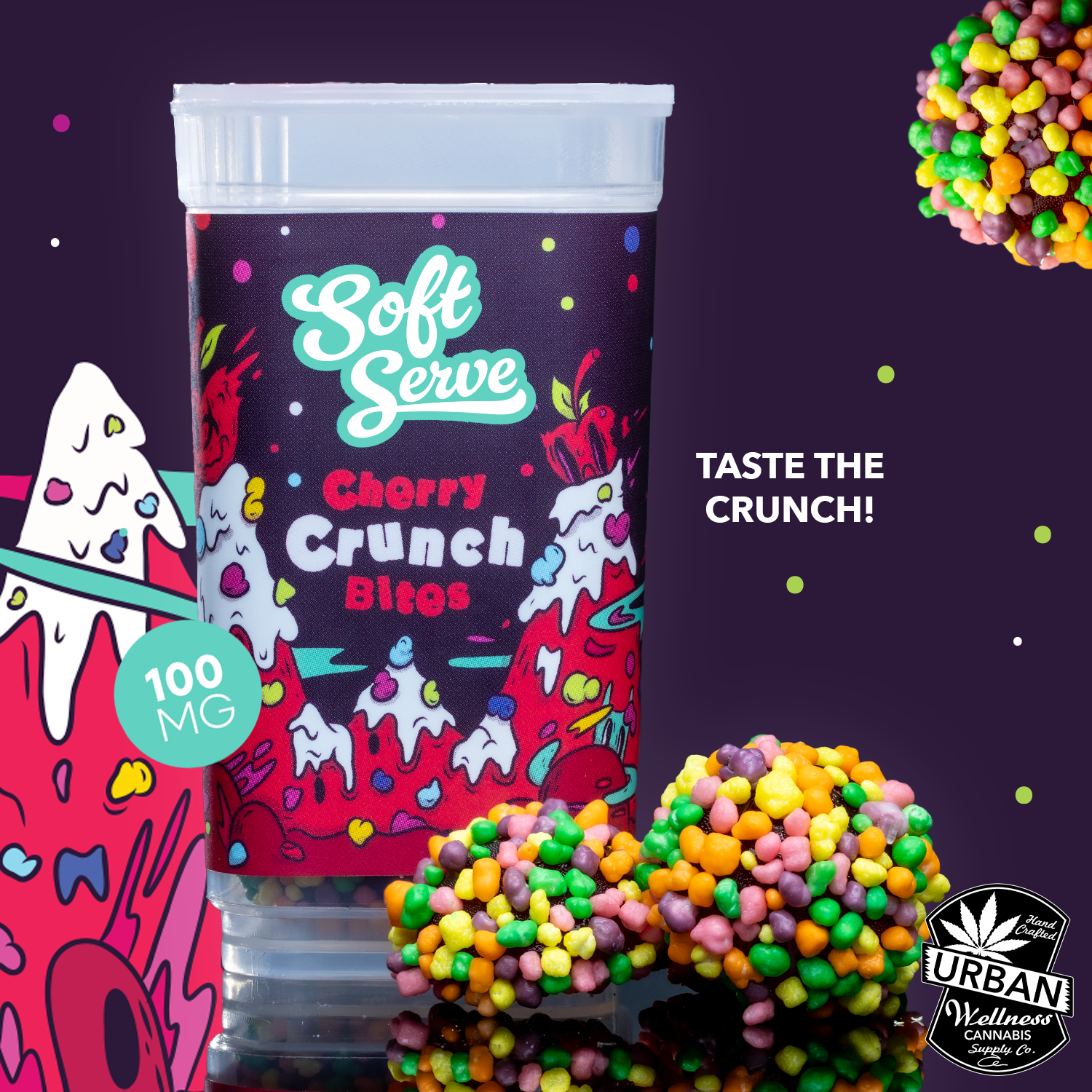 Photograph of product: Soft Serve - Cherry Crunch Bites - Hybrid - Gummies 100mg