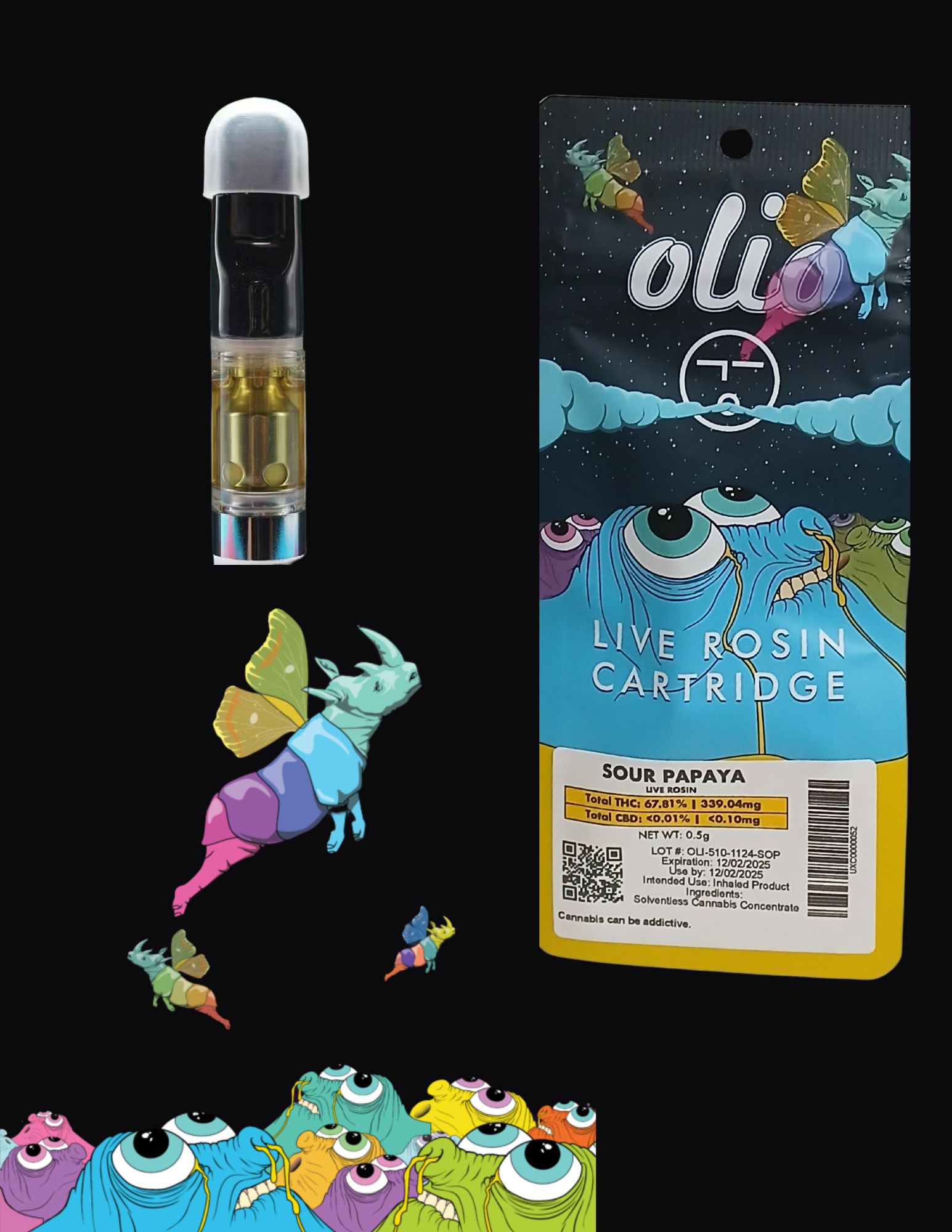 Photograph of product: Olio | Live Rosin | .5g | 510 Vape Cart | Sour Papaya