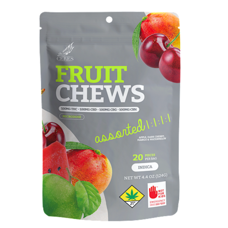 Photograph of product: CERES Fruit Chews 1:1:1:1 TH-oui:CBD:CBG:CBN 400mg - Assorted Oui'd 20pk 2.2oz