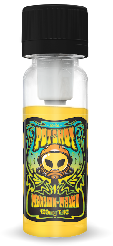 Photograph of product: POT SHOT - DRINK - 100MG - 2OZ - MARTIAN MANGO - HYBRID