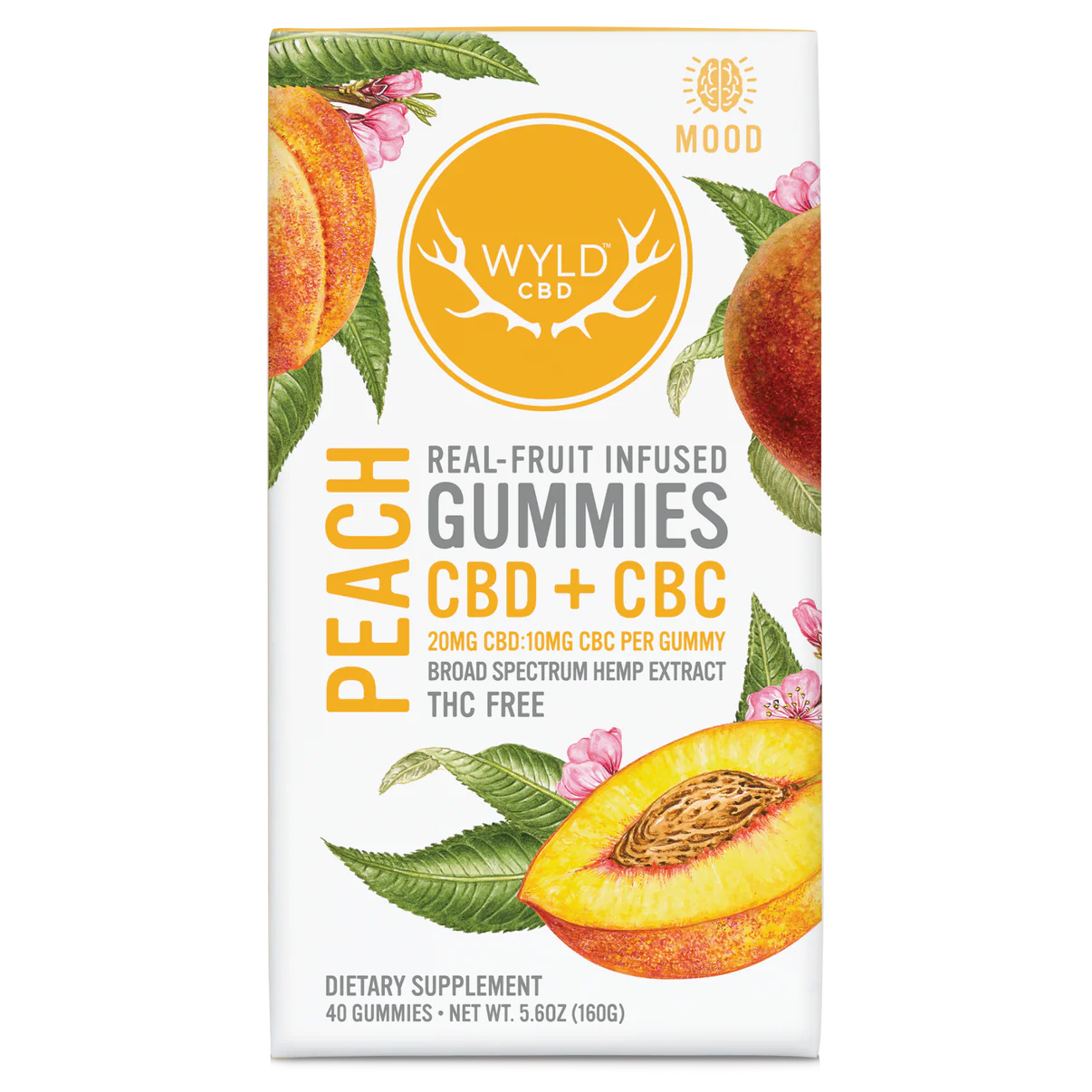 Photograph of product: Wyld CBD | Peach CBD + CBC Gummies | 800mg CBD/400mg CBC THC-Free | MOOD | 40ct (20mg CBD/10mg CBC per)
