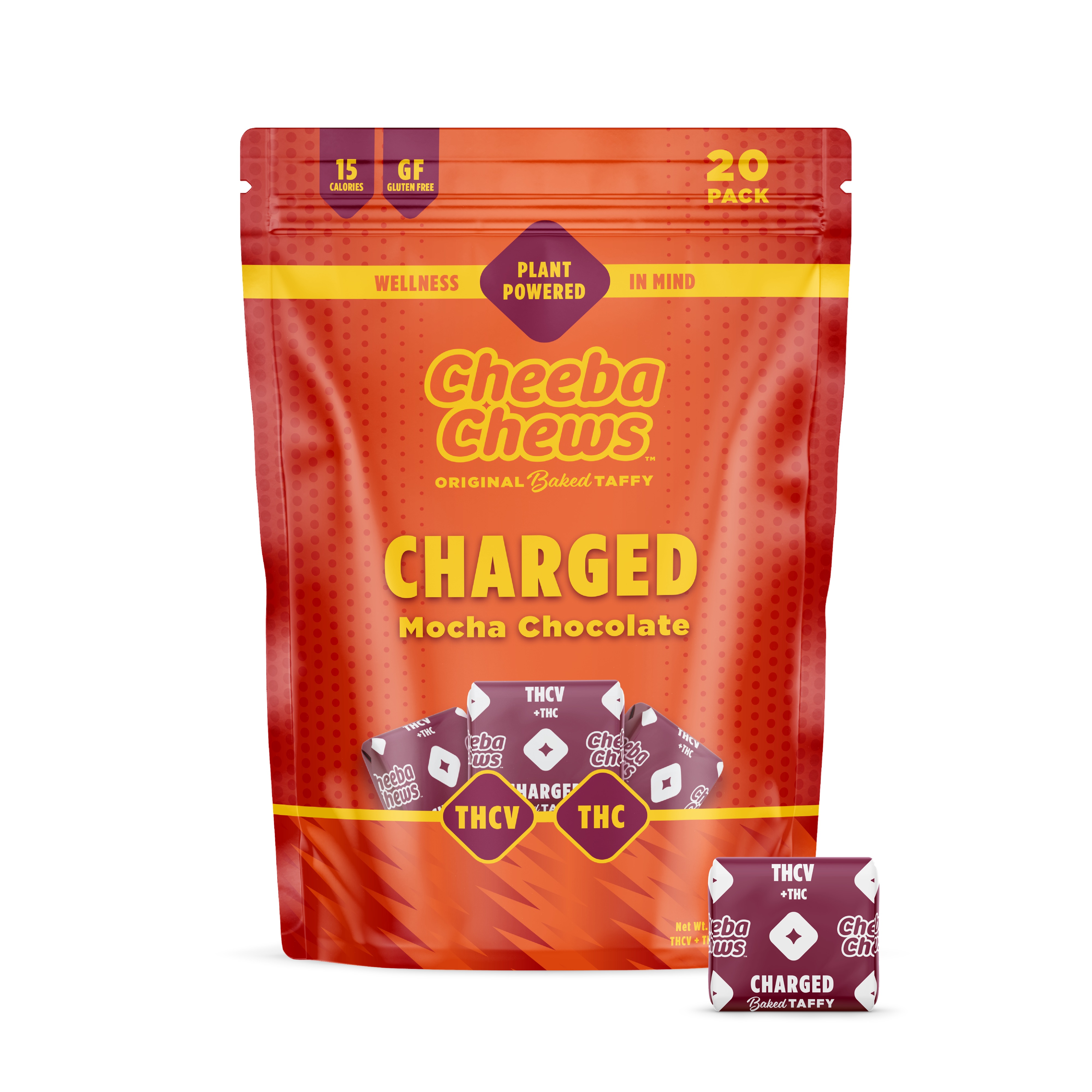Photograph of product: Cheeba Chews | Mocha Chocolate Taffy | Charged | 2 TH-oui : 1 TH-ouiV | 20pk/100mg
