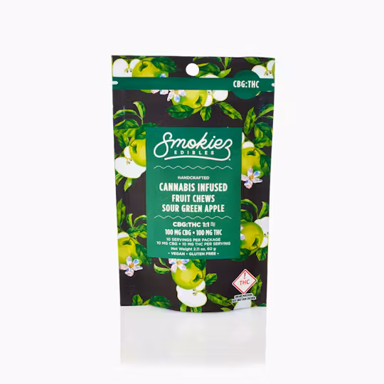 Photograph of product: Smokiez Gummies Sour Green Apple 1:1 CBG:TH-oui 100mg 10pk