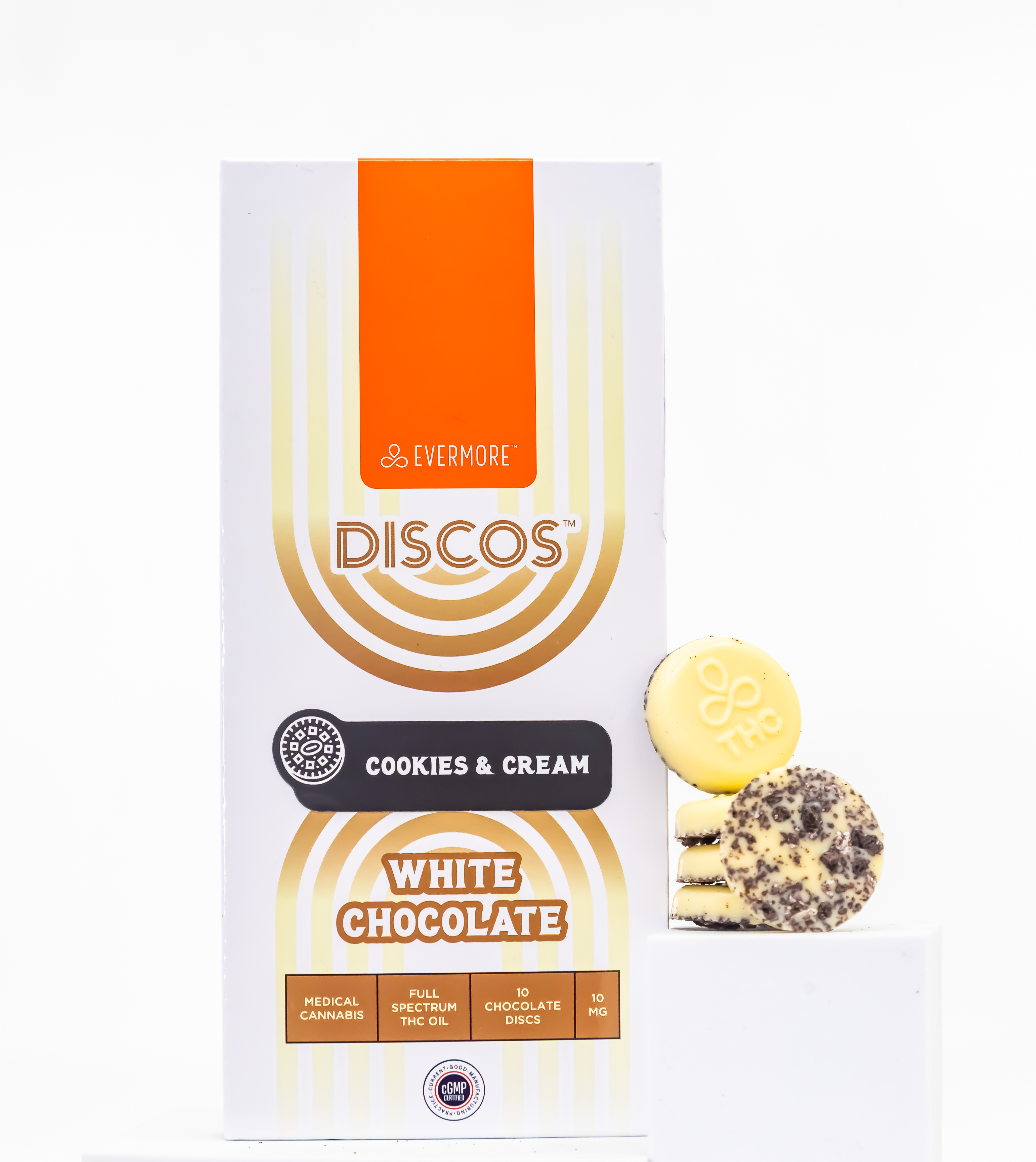 Photograph of Product: Evermore THC Discos White Chocolate Cookies & Cream | 10mg (10ct)