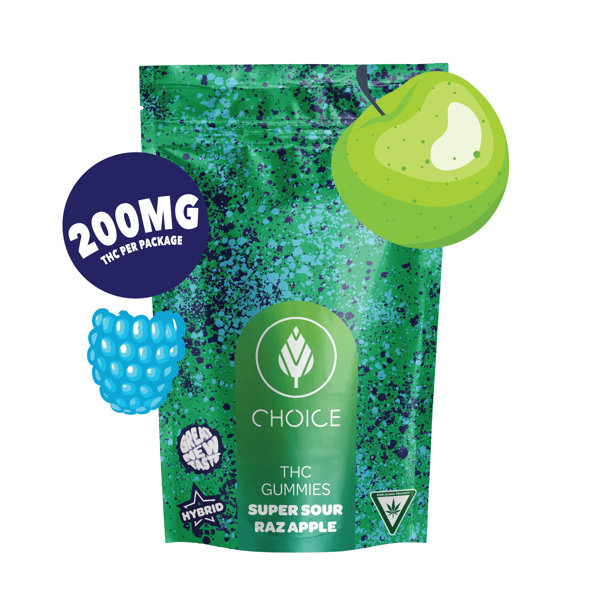 Photograph of product: Choice Chews - 200mg Gummies - Super Sour Raz Apple (Hybrid)