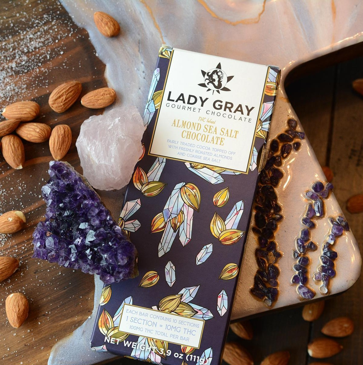 Photograph of product: Almond Sea Salt (100mg) Chocolate Bar by Lady Gray