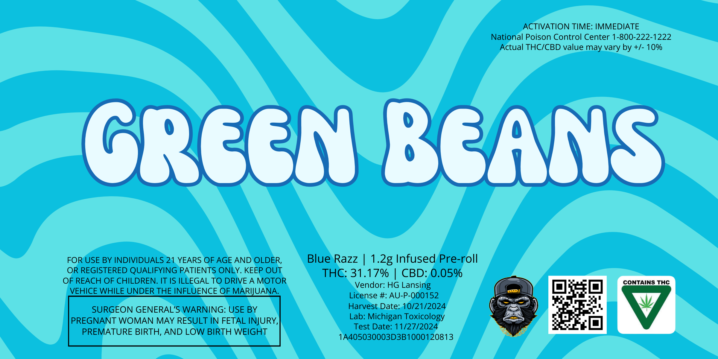 Photograph of product: Green Beans | Blue Razz | 1.2g Infused Pre-Rolls