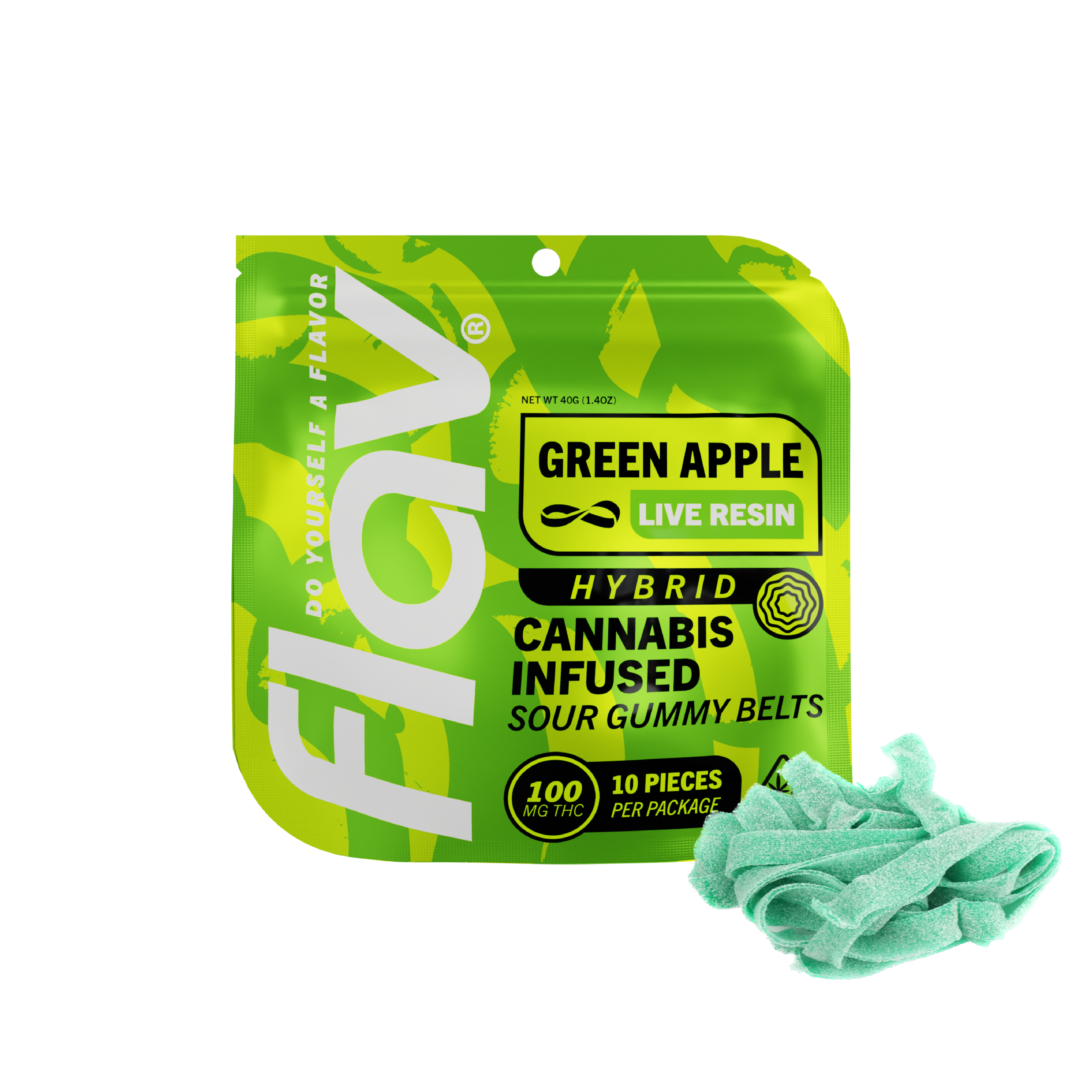 Photograph of product: Flav Live Resin Belts 100 MG Green Apple