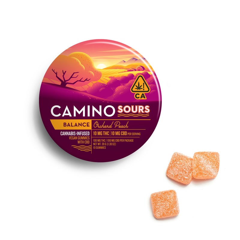 Photograph of product: CAMINO SOURS ORCHARD PEACH BALANCE 1:1 CBD 10 PACK VEGAN GUMMIES