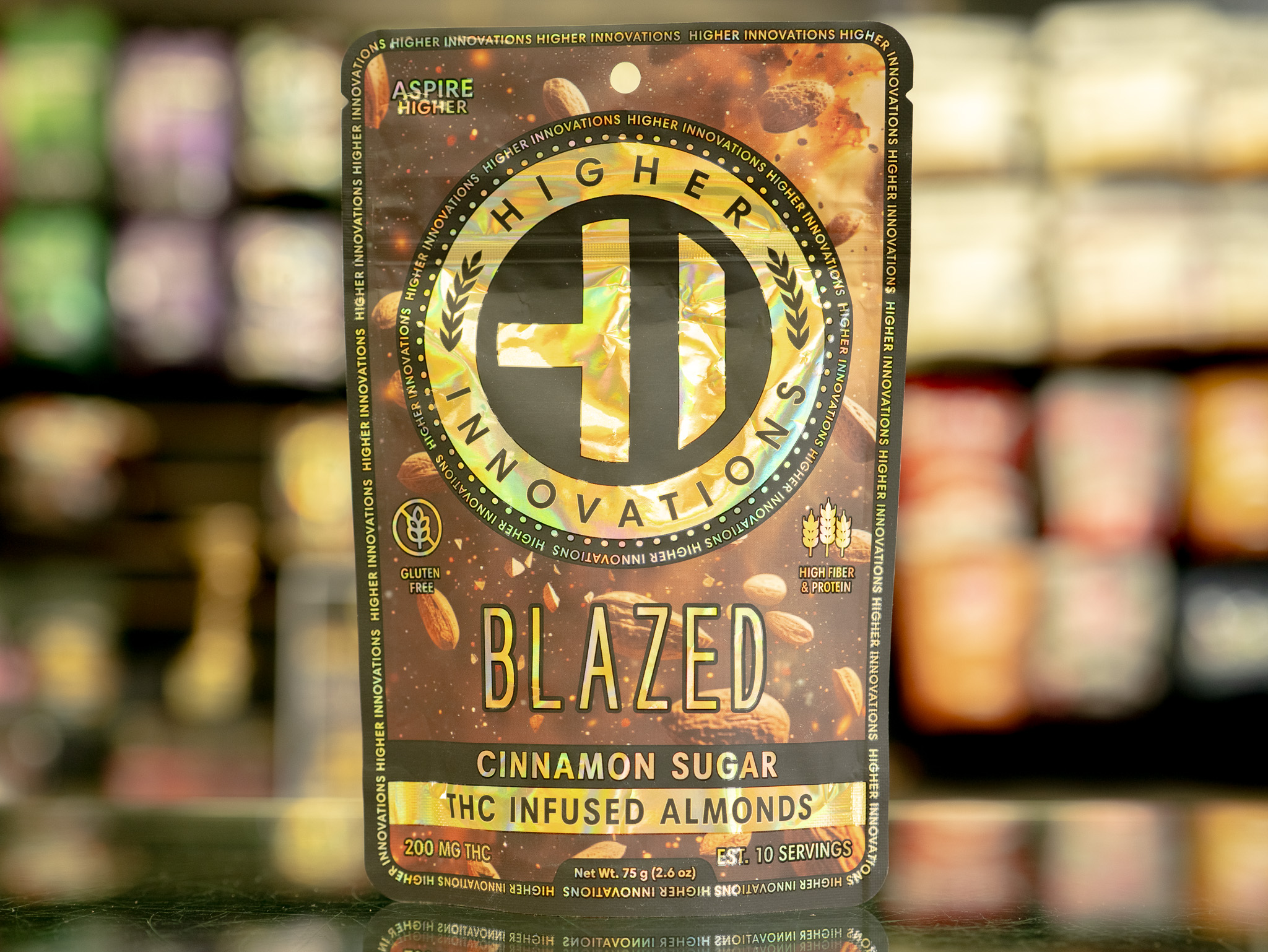 Photograph of product: Higher Innovations | Blazed Cinnamon Sugar Almonds | 200mg/2.6oz Snack