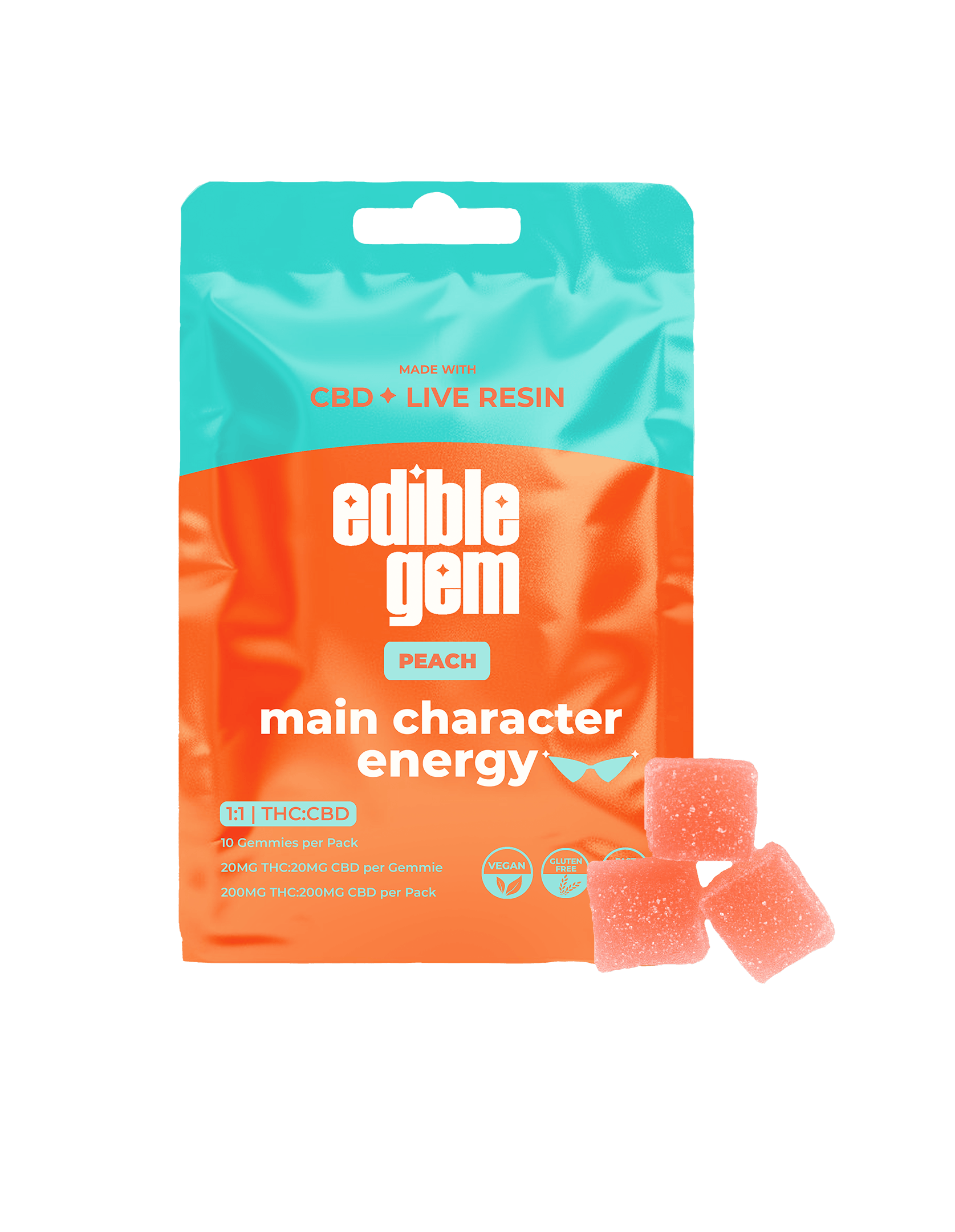Photograph of product: Edible Gem - Main Character Energy Peach 1:1 CBD - Live Resin Gummies - 200mg (H)