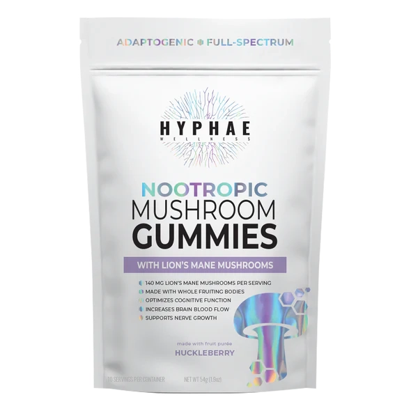 Photograph of product: Hyphae Wellness HUCKLEBERRY Nootropic Mushroom Gummies w/ Lion's Mane Mushrooms 10pk